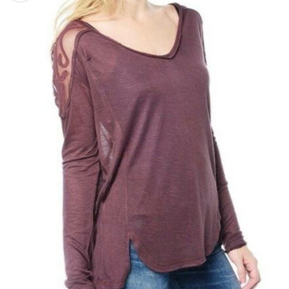 Free People The Gatsby Embroidered Mesh Wine Long Sleeve V-Neck Tee Tunic Top - Picture 13 of 14